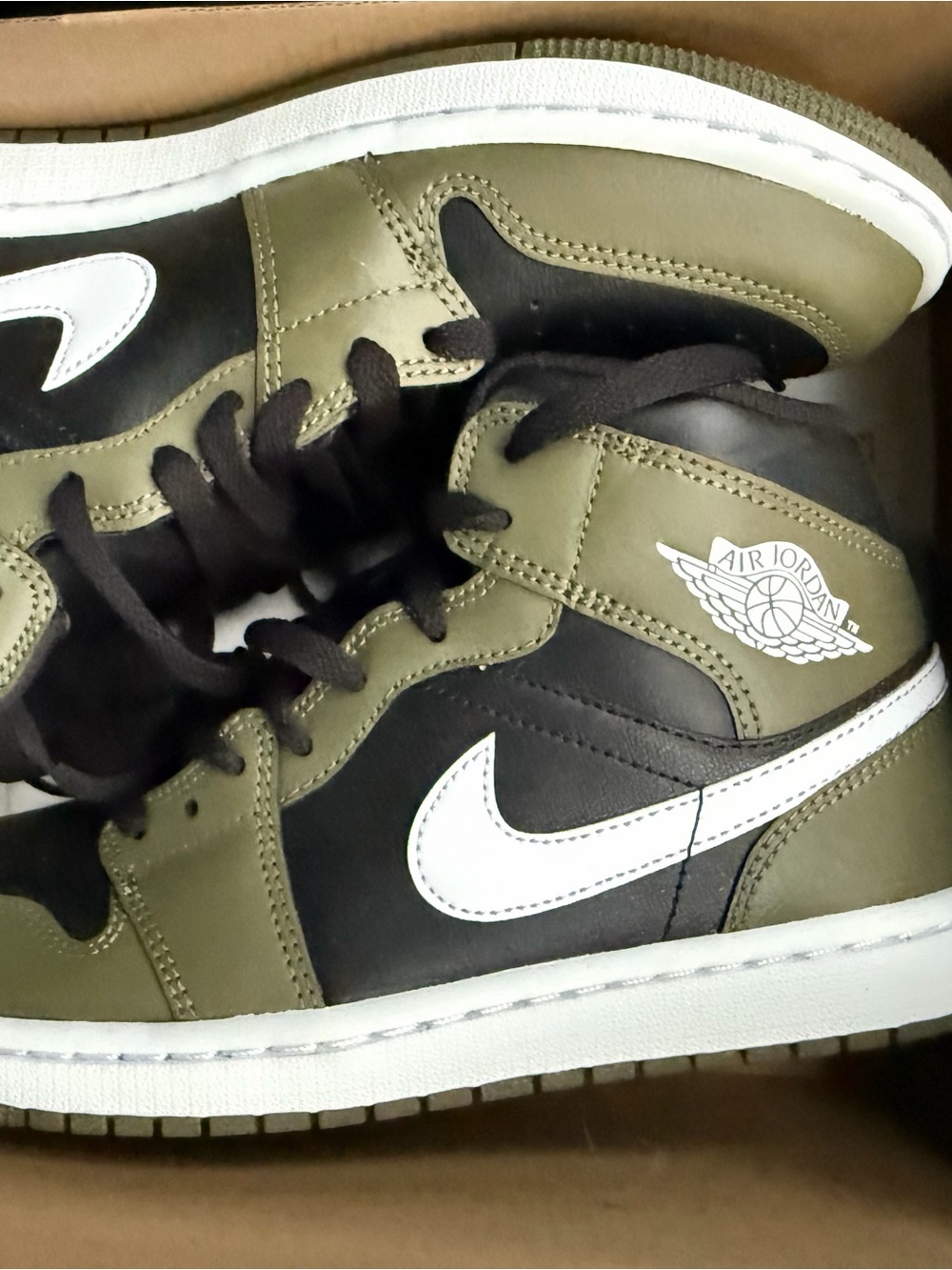 Jordan 1 Mid Men’s Sneakers — Olive Green, Black & White
